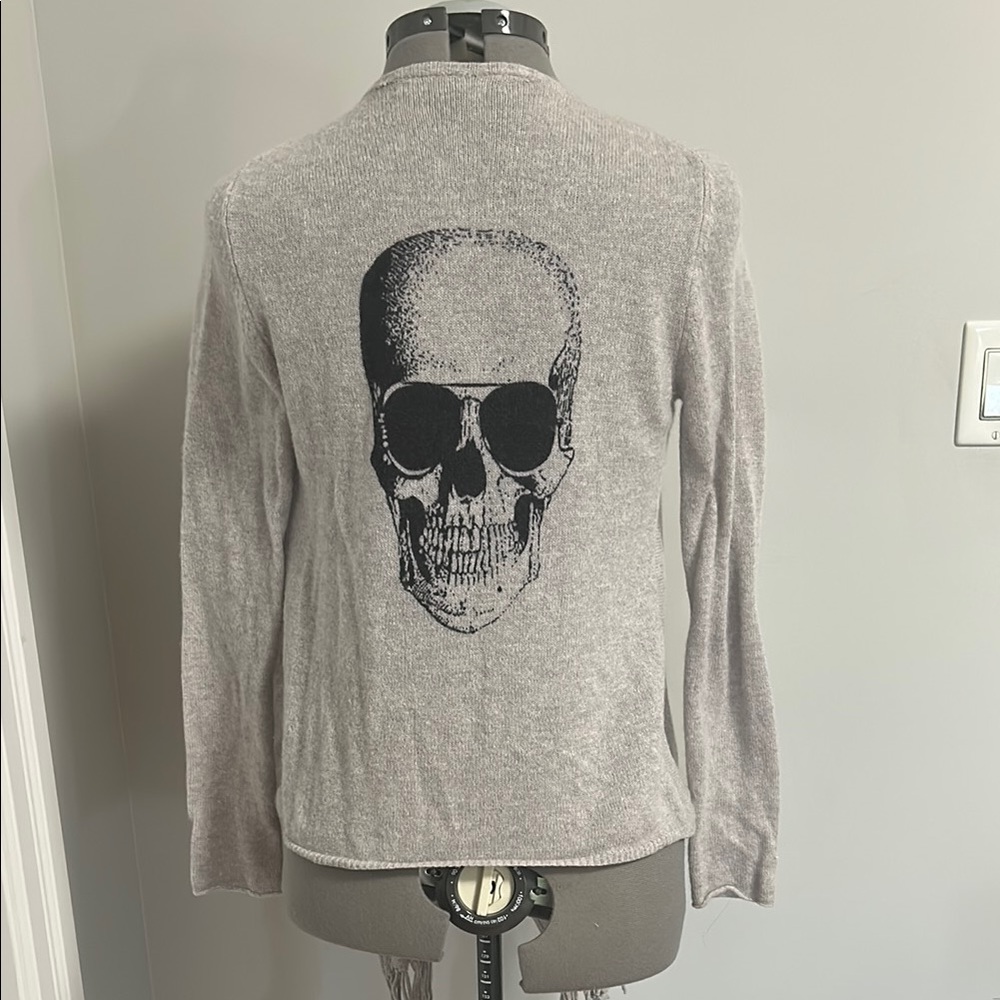 Skull Cashmere Light Gray Sweater with Black Skull Graphic